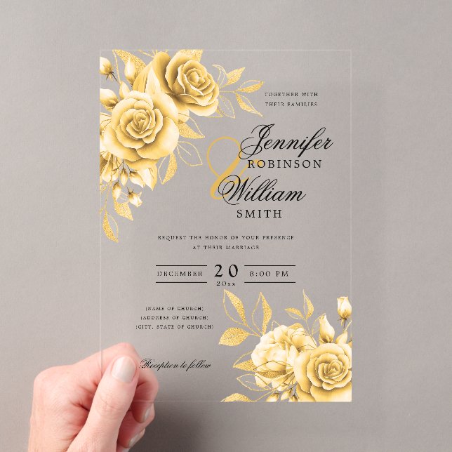 Elegant Wedding Gold Roses Floral Theme Acrylic Invitations (Insitu (Handheld))