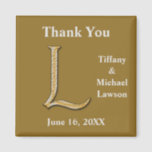 Elegant Wedding Gold Silver Letter L Monogram Magnet<br><div class="desc">This magnet is an elegant thank you gift for your bridal party or a unique wedding favor for your guests. The bride and groom's monogram is sophisticated and is accompanied by the happy couple's names and wedding date. The background offers a deep gold solid color to support your text. The...</div>