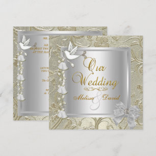 Elegant Wedding Gold Silver White Dove Damask Invitation