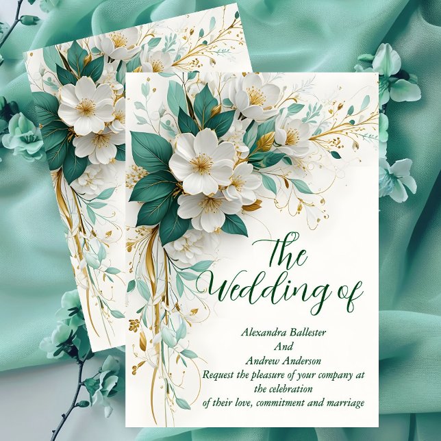 Elegant Wedding Green White Gold Flowers Invitation (Creator Uploaded)