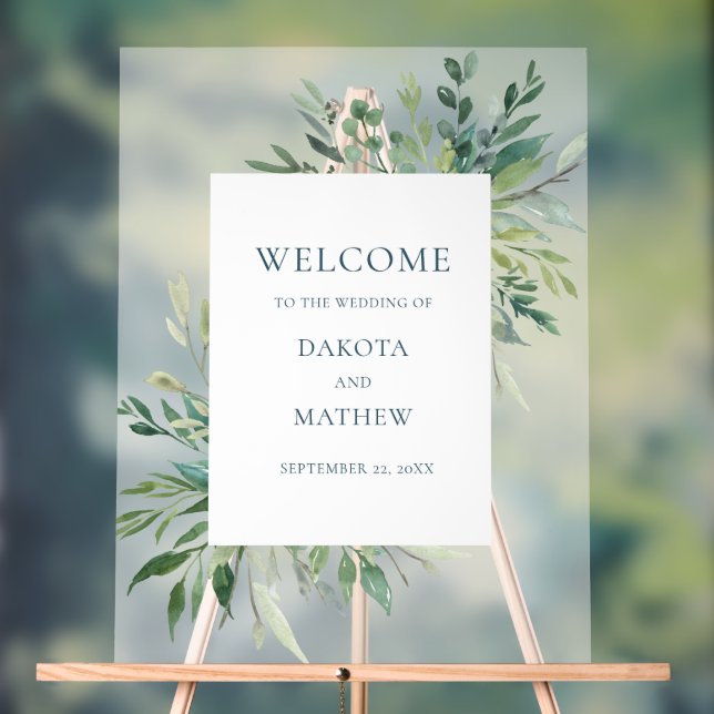 Elegant Wedding Greenery Welcome Acrylic Sign (Neutral)