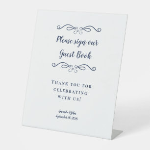 Elegant Wedding Guest Book Calligraphy Navy Blue Pedestal Sign
