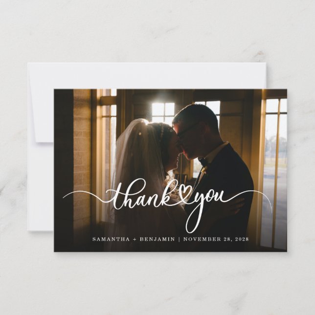 Elegant Wedding Hand-Lettered Script Photo Thank You Card (Front)