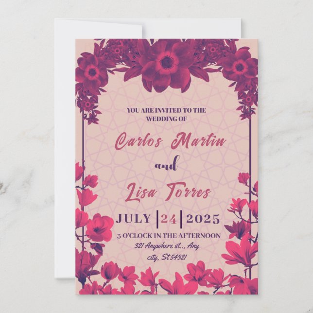 Elegant wedding in beige , pink flowers invitation (Front)
