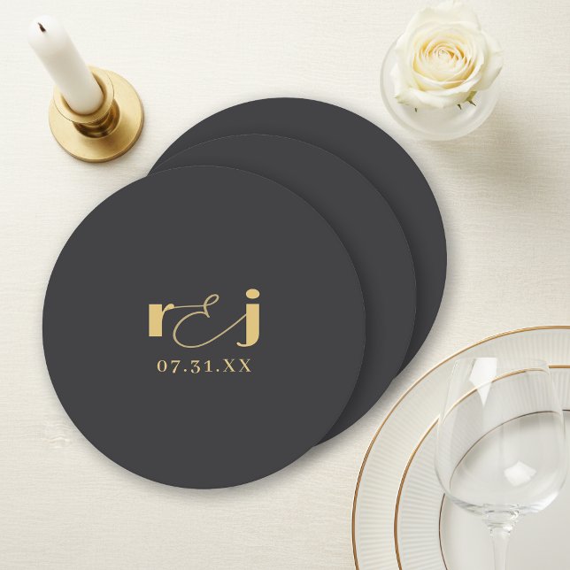 Elegant Wedding Initials Matte Black Gold ID1312 Round Paper Coaster (Creator Uploaded)