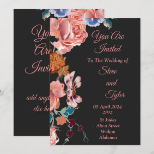 Elegant Wedding Invitation, black, pink, blue Invitation