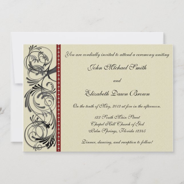 Elegant Wedding Invitation: Black, Red, and Taupe Invitation (Front)