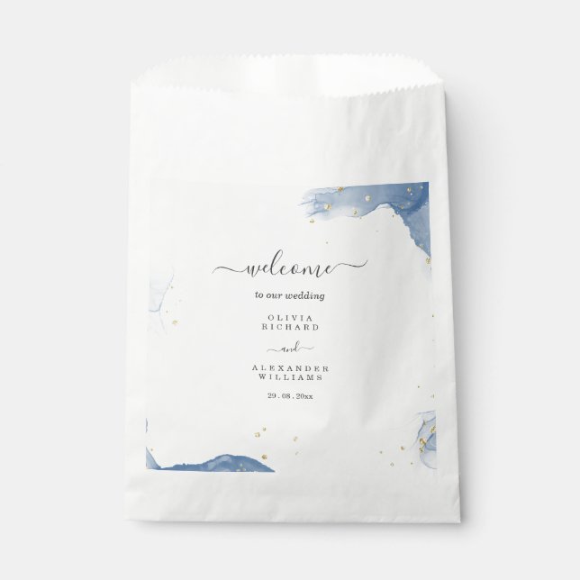 Elegant Wedding Invitation Blue and Gold Minimal Favour Bag (Front)