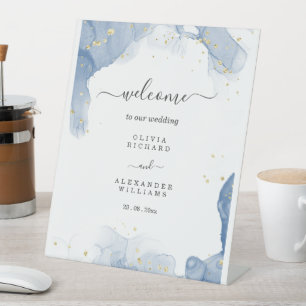 Elegant Wedding Invitation Blue and Gold Minimal Pedestal Sign