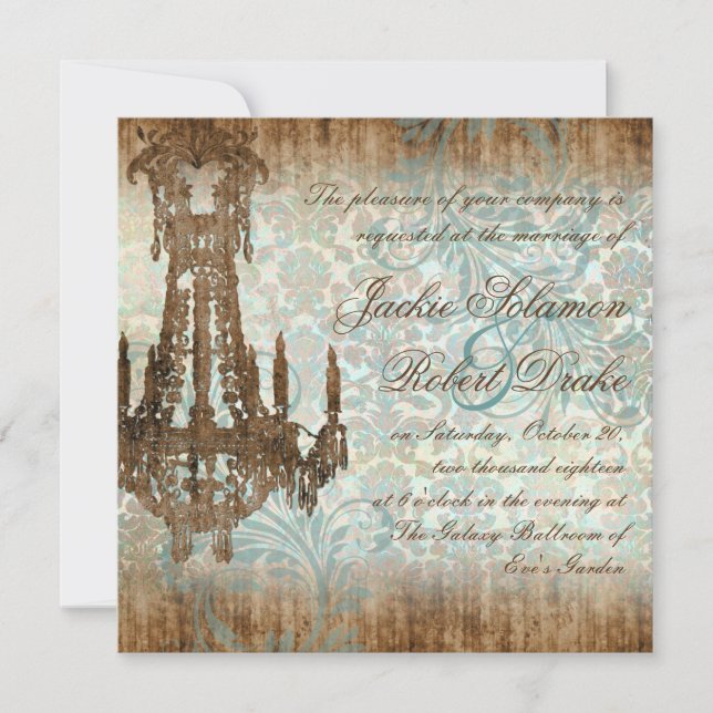 Elegant Wedding Invitation Chandelier Vintage Wood (Front)