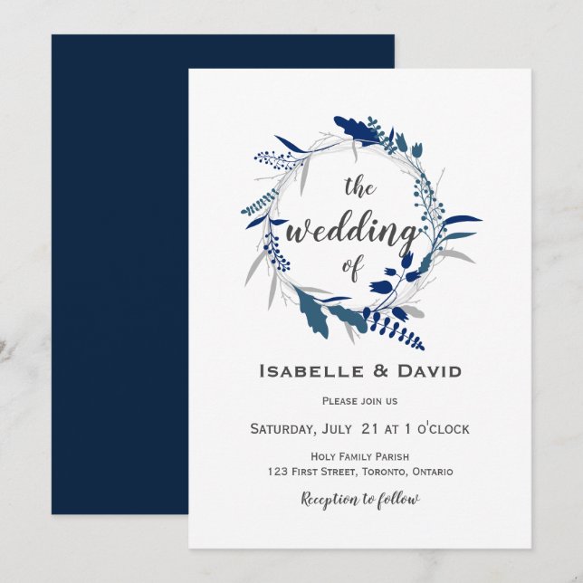 Elegant WEDDING INVITATION Midnight Blue Floral (Front/Back)
