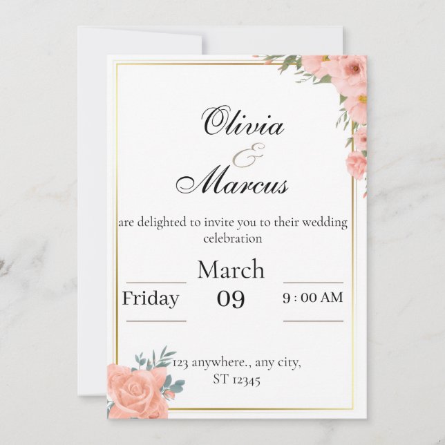 Elegant wedding invitation with  gold frame  (Devant)