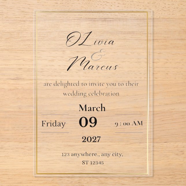 Elegant Wedding Invitation with Gold Frame  (Recto)