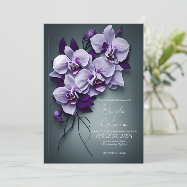 Elegant wedding invitation with orchids. (Standing Front)