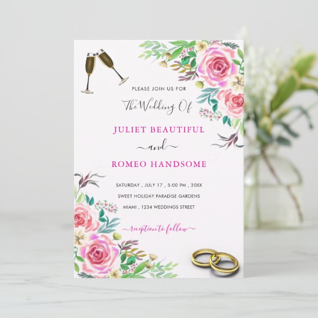 Elegant Wedding Invitation with Roses and Rings (Standing Front)