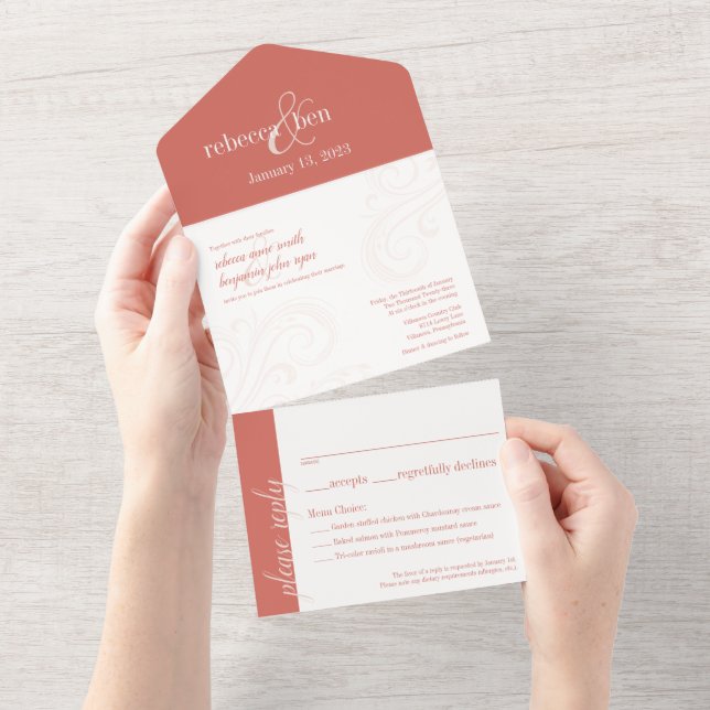 Elegant Wedding Invite, Coral All-in-One All In One Invitation (Tearaway)