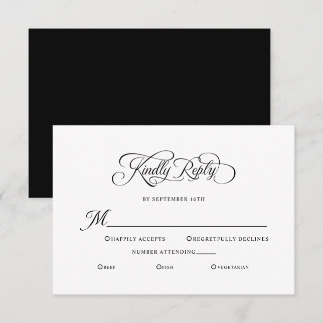 Elegant Wedding Kindly Reply Calligraphy Black RSVP Card (Front/Back)