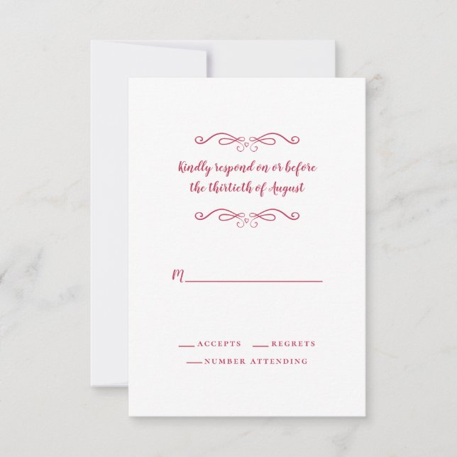 Elegant Wedding Magenta Red White Classic Formal RSVP Card (Front)