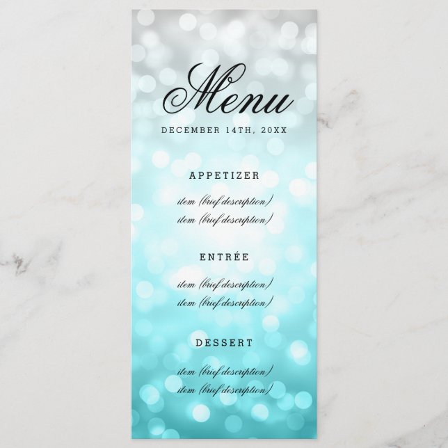 Elegant Wedding Menu Beach Ombre Glitter Lights (Front)