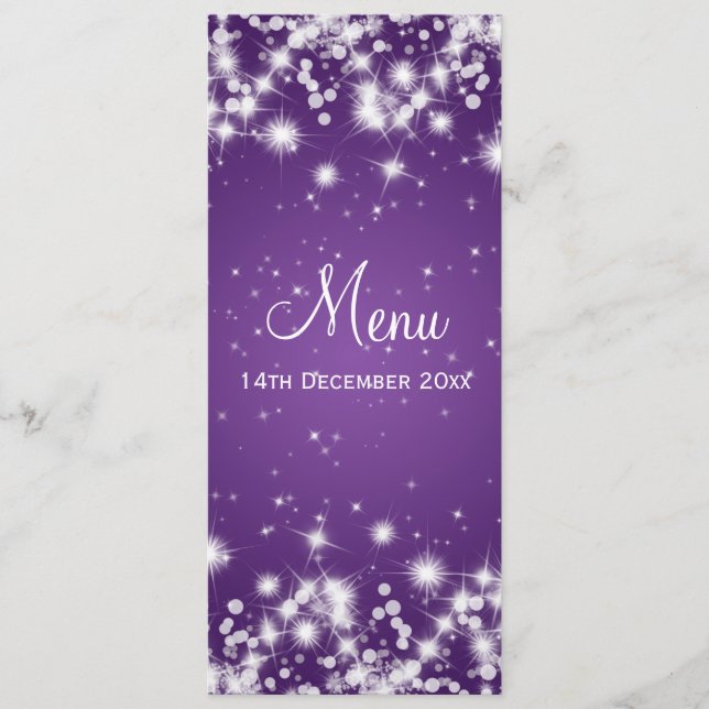 Elegant Wedding Menu Winter Sparkle Purple (Front)