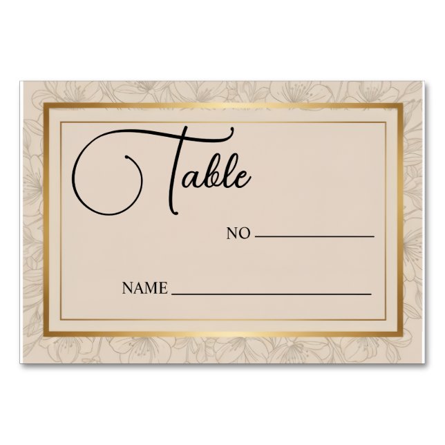 Elegant Wedding Minimalist Gold Frame & Floral  Table Number (Front)