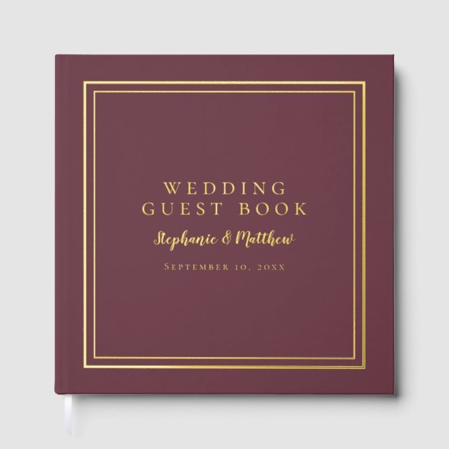 Elegant Wedding Modern Calligraphy Burgundy Gold Guest Book (Front)