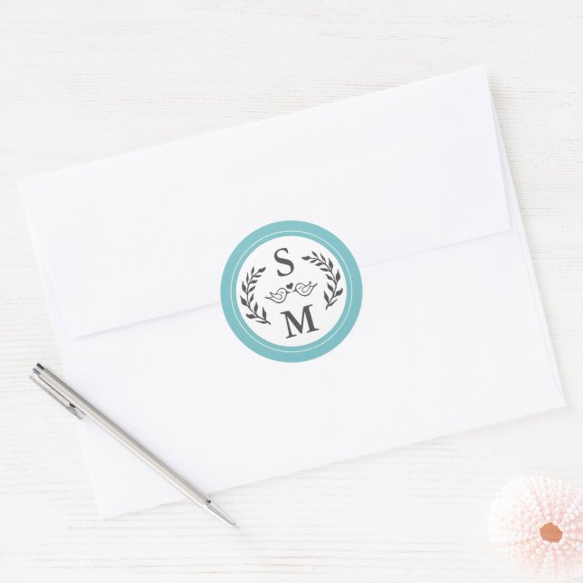 Elegant Wedding Modern Monogram Aqua Blue Favour Classic Round Sticker (Envelope)