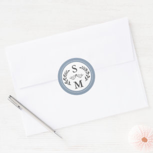 Elegant Wedding Modern Monogram Dusty Blue Favour Classic Round Sticker