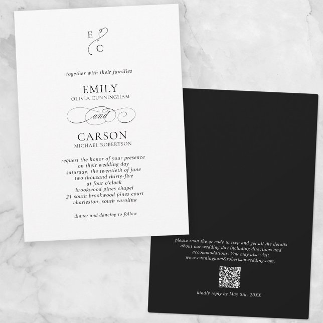 Elegant Wedding Modern Monogram Logo QR Code Black Invitation (Creator Uploaded)