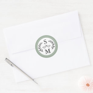 Elegant Wedding Modern Monogram Sage Green Favour Classic Round Sticker