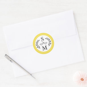 Elegant Wedding Modern Monogram Yellow Grey Favour Classic Round Sticker