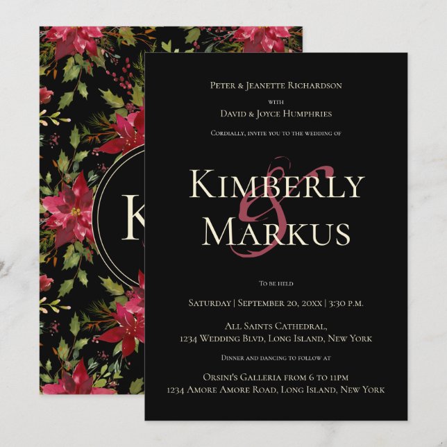 Elegant Wedding Monogram Claret Red Poinsettia Invitation (Front/Back)