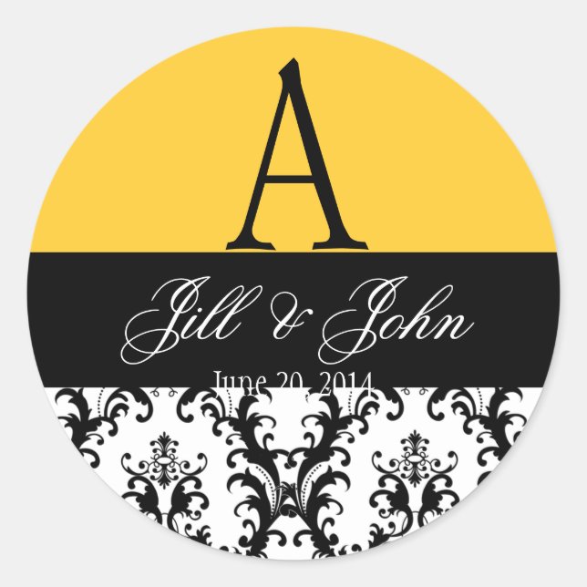Elegant Wedding Monogram Names Date Damask Yellow Classic Round Sticker (Front)