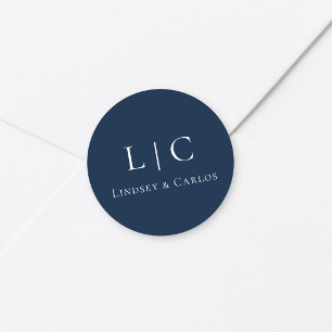 Elegant Wedding Monogram Navy Blue Classic Round Sticker