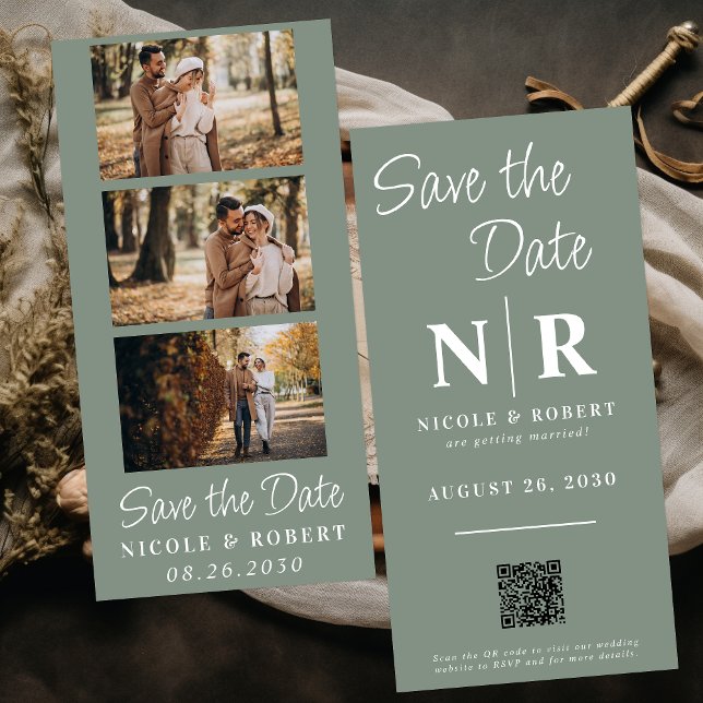 Elegant Wedding Monogram Photo Strip QR Code Save The Date (Creator Uploaded)