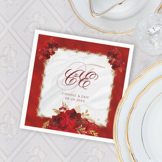 Elegant Wedding Monogram Red Gold Floral Napkin (Creator Uploaded)