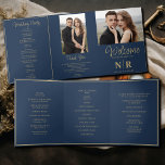 Elegant Wedding Monogram Tri-Fold Wedding Program Holiday Card<br><div class="desc">Step into sophistication and grace with our Elegant Wedding Monogram Tri-Fold Wedding Program, a harmonious blend of timeless design and practicality, perfectly suited for your special day. Crafted with exquisite attention to detail, this tri-fold program combines classic elegance with modern functionality. The luxurious navy blue backdrop adorned with shimmering gold...</div>