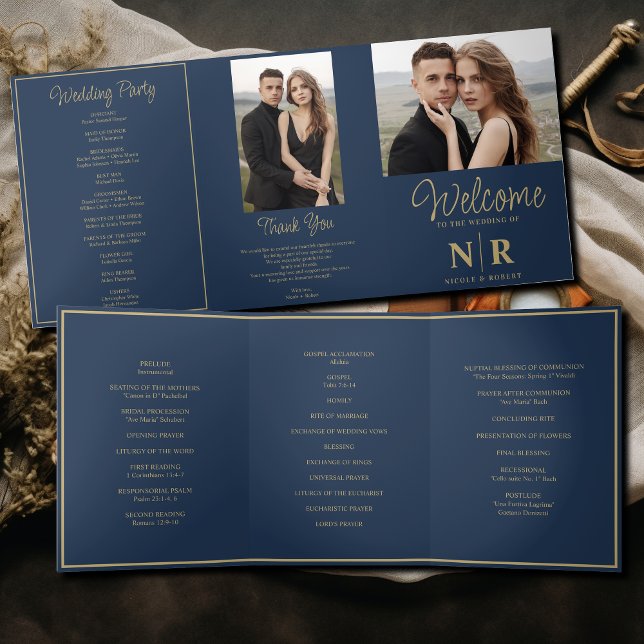 Elegant Wedding Monogram Tri-Fold Wedding Program Holiday Card (Creator Uploaded)