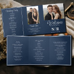 Elegant Wedding Monogram Tri-Fold Wedding Program Holiday Card<br><div class="desc">Step into sophistication and organization with our Navy Blue And White Elegant Wedding Monogram Tri-Fold Wedding Program, a perfect blend of style and functionality for your special day. Crafted with meticulous attention to detail, this tri-fold wedding program is a masterpiece of elegance and practicality. The classic combination of navy blue...</div>