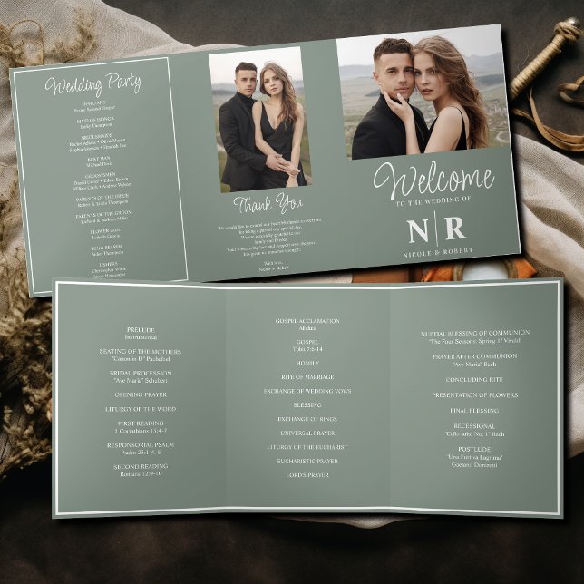 Elegant Wedding Monogram Tri-Fold Wedding Program Holiday Card (Creator Uploaded)