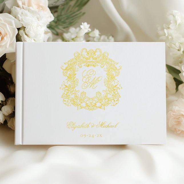 Elegant Wedding Monogram Vintage Crest Gold Guest Book (Creator Uploaded)