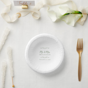 Elegant Wedding Mr & Mrs Bride & Groom Sage Green  Paper Plate