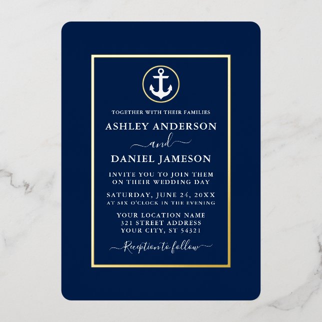 Elegant Wedding Nautical Anchor Navy Blue Gold (Front)
