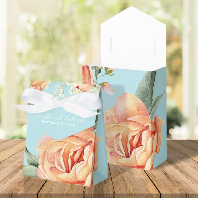 Elegant Wedding Peach Floral Blue Favor Box (Peach and blue wedding favor box)