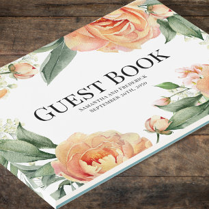 Elegant Wedding Peach Floral Blue Guest Book