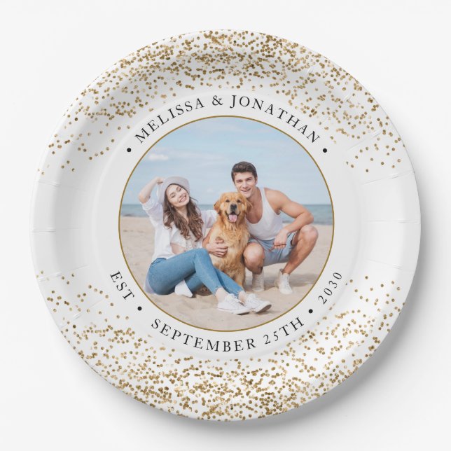 Elegant Wedding Personalized Gold Glitter Photo Paper Plate (Front)