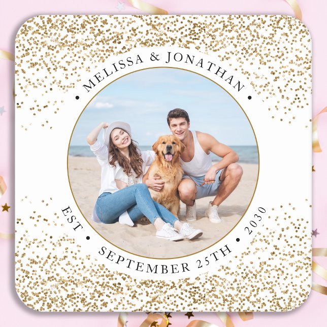 Elegant Wedding Personalized Gold Glitter Photo Square Paper Coaster (Creator Uploaded)