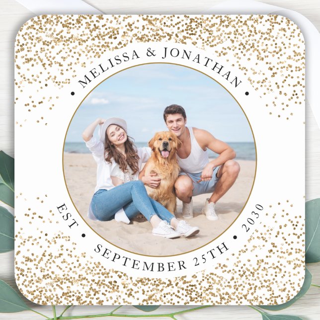 Elegant Wedding Personalized Gold Glitter Photo Square Sticker (Creator Uploaded)