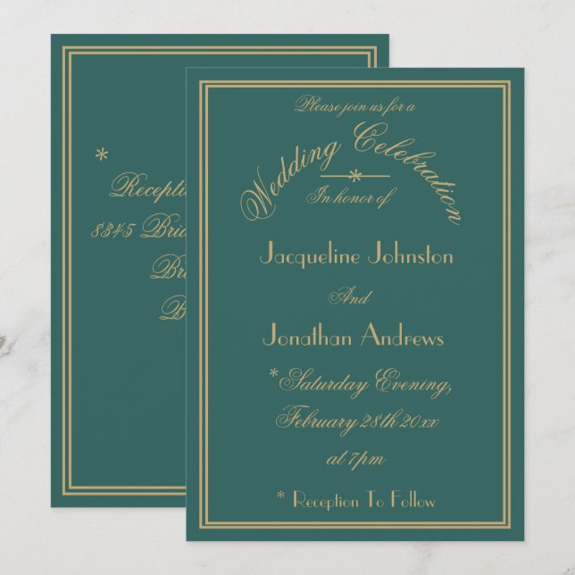 Elegant Wedding Personalized Names Chic Green Invitation (Front/Back)