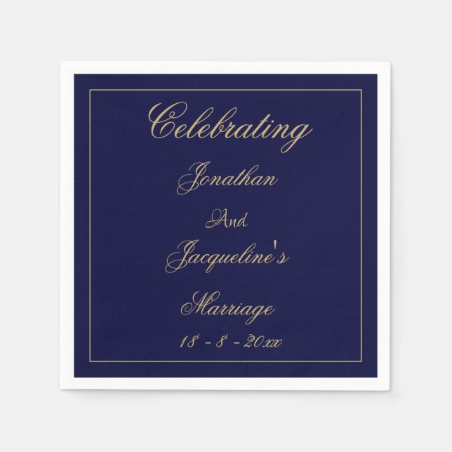 Elegant Wedding Personalized Navy Blue Gold Paper Napkin (Front)